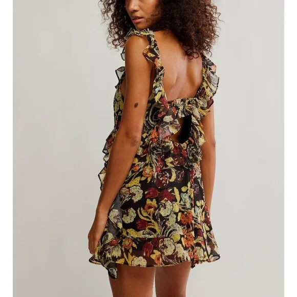 bali flora mini dress in black combo Black Velvet Strappy Mini Dress With Gold Flower Shaped Bra Detail – RAISA  VANESSA INT main image 0